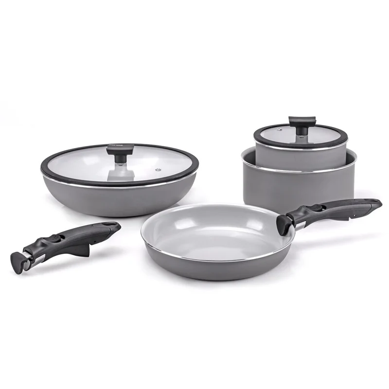 Moneta Melodia Set da 6 pezzi Melodia Minispace: Padella 24 cm Wok 28 cm Casseruole 16–20 cm Coperchi in vetro 16–20 cm 2 manici removibili