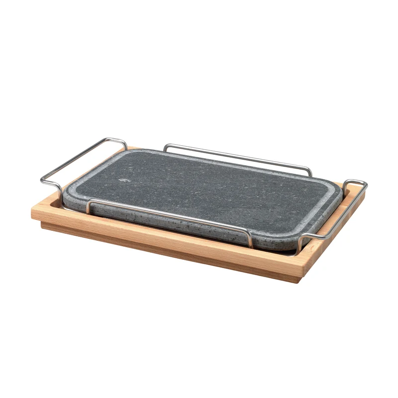 Pietra ret.spig.arrotond.cm 25x35 c/supporto inox e basamento legno
