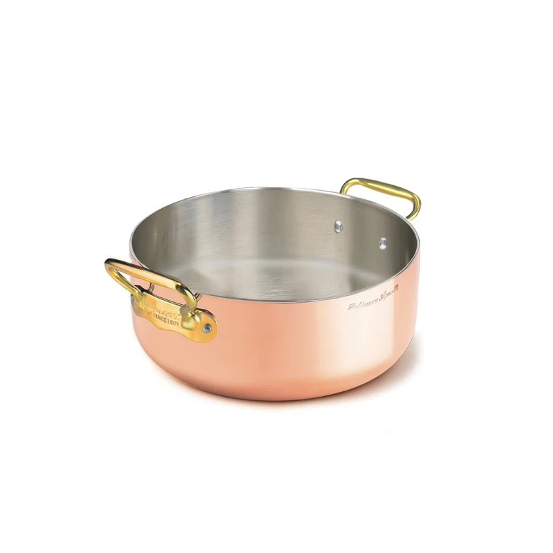 Casseruola Bassa in rame liscio stagnato a mano 2mm, per induzione cm 20