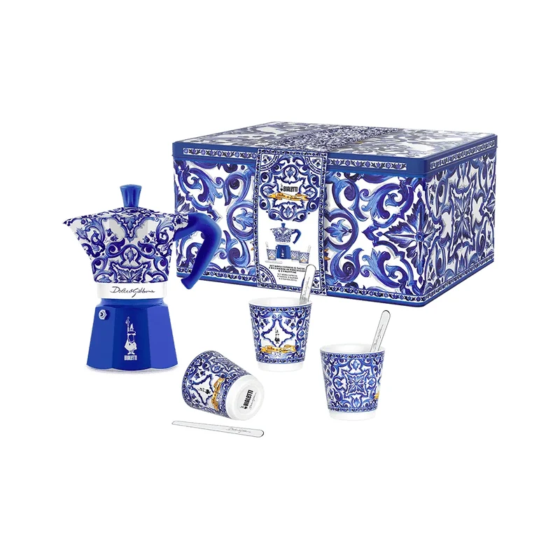 Set Moka Express Blu Mediterraneo 6 tz, 3 bicchierini di porcellana e 3 palettine