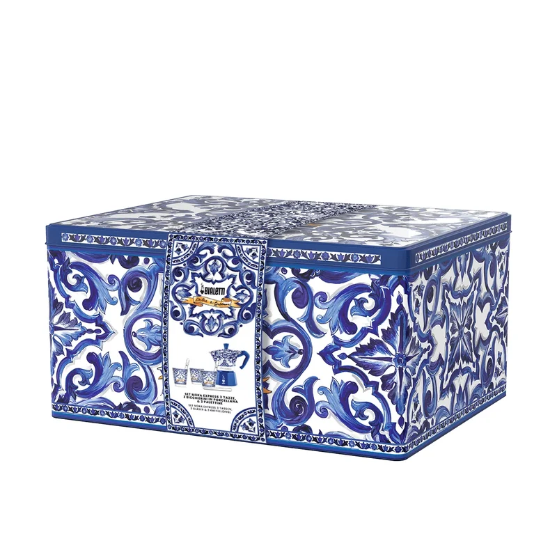 Set Moka Express Blu Mediterraneo 6 tz, 3 bicchierini di porcellana e 3 palettine