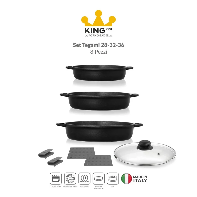 Tris tegami antiaderenti ad induzione 28-32-36 cm - King Pro