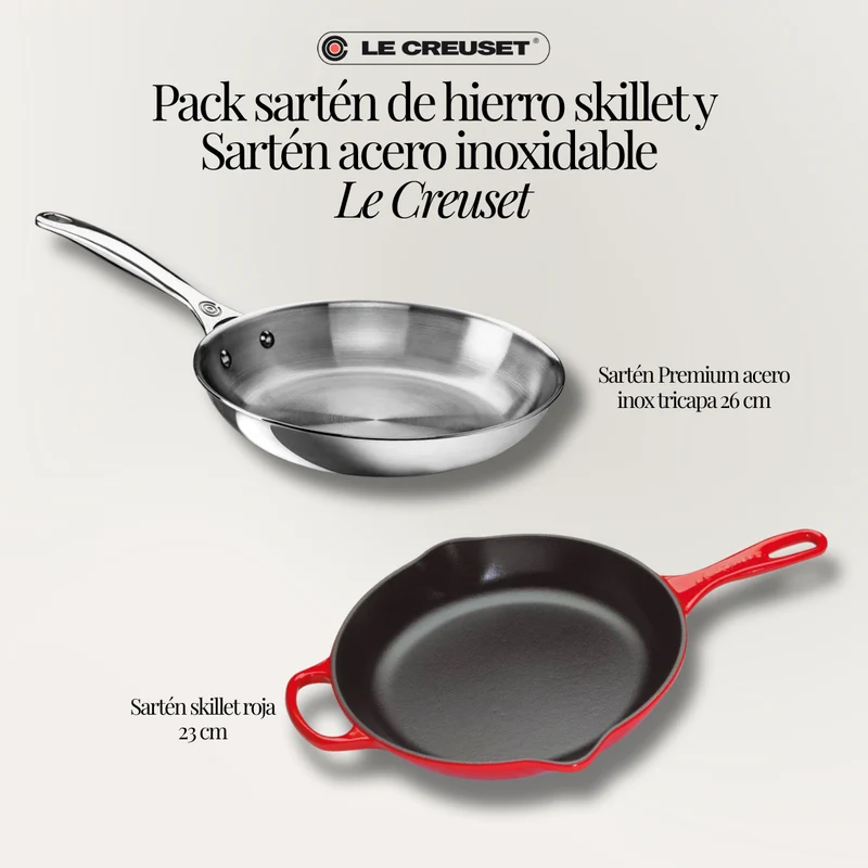 Pack sartén de hierro skillet y Sartén acero inoxidable Le Creuset