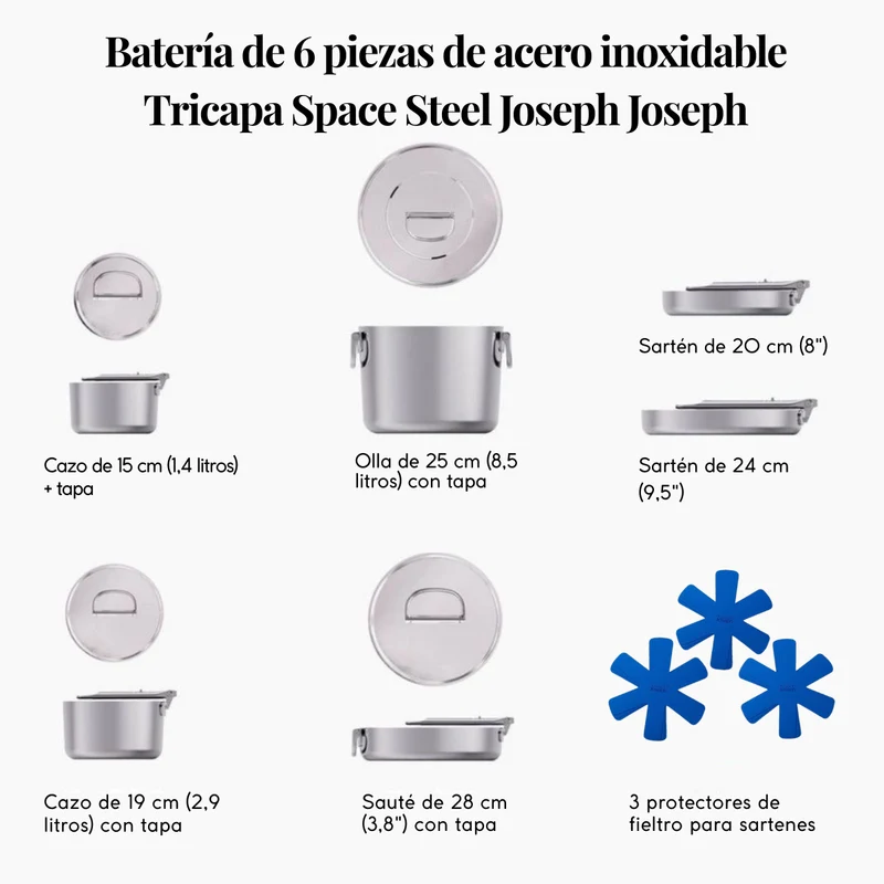 Batería de 6 piezas de acero inoxidable Tricapa Space Steel Joseph Joseph