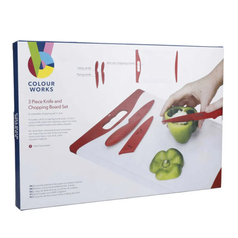 Set de 3 piezas de cuchillos y tabla de cortar Colourworks KitchenCraft