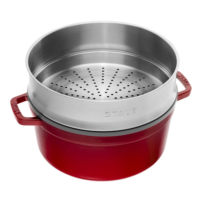 26 cm - Cocotte Casseruola Rotonda In Ghisa Smaltata Con Cestello Vapore