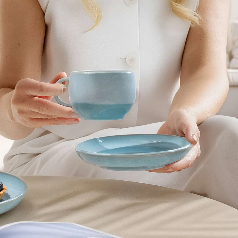 16.1 cm - Perlemor Aqua Piattino Tazzina Caffè In Porcellana Premium - Set 6 Pz