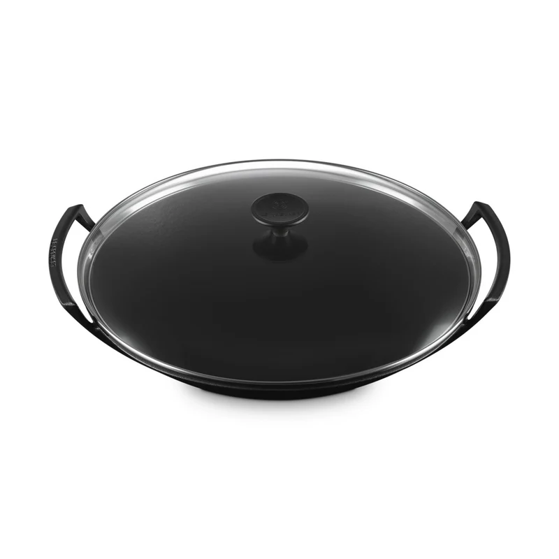 36 cm - Forme Speciali Wok In Ghisa Vetrificata Con Coperchio In Vetro