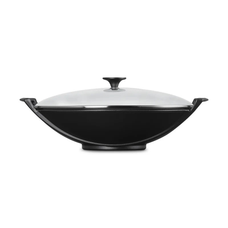36 cm - Forme Speciali Wok In Ghisa Vetrificata Con Coperchio In Vetro
