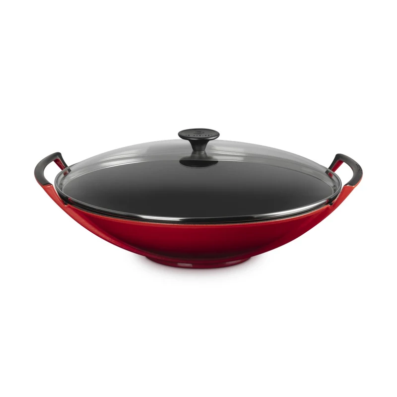 36 cm - Forme Speciali Wok In Ghisa Vetrificata Con Coperchio In Vetro