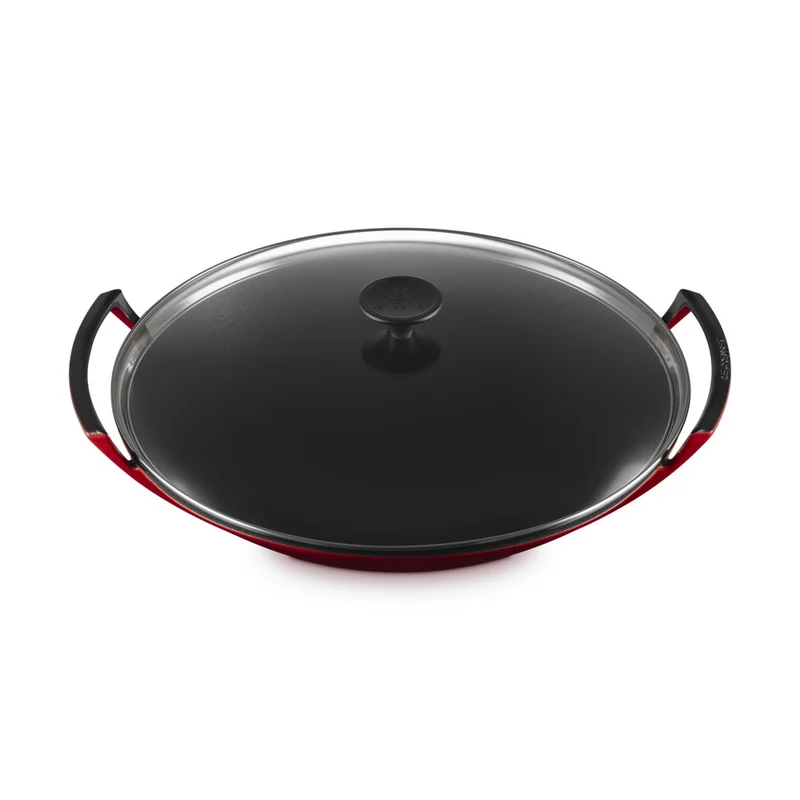 36 cm - Forme Speciali Wok In Ghisa Vetrificata Con Coperchio In Vetro
