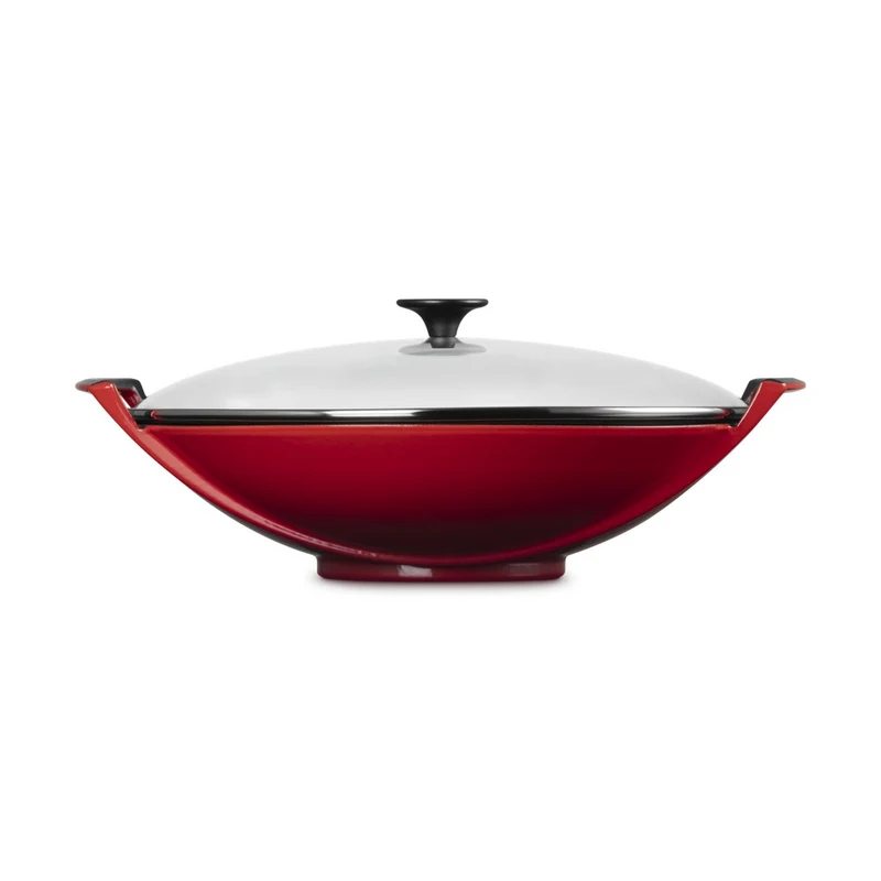 36 cm - Forme Speciali Wok In Ghisa Vetrificata Con Coperchio In Vetro