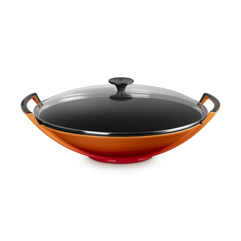 36 cm - Forme Speciali Wok In Ghisa Vetrificata Con Coperchio In Vetro