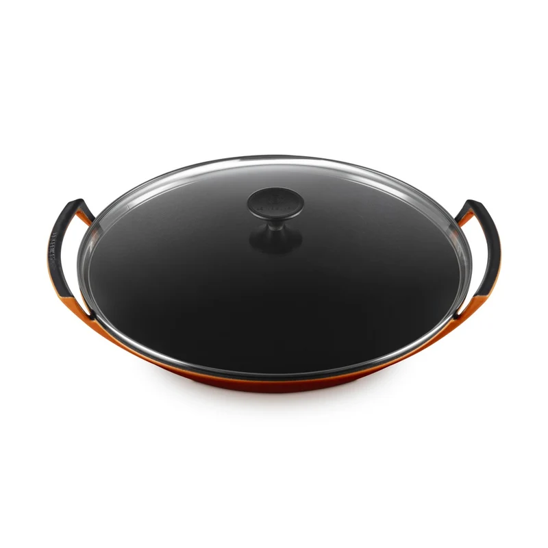 36 cm - Forme Speciali Wok In Ghisa Vetrificata Con Coperchio In Vetro