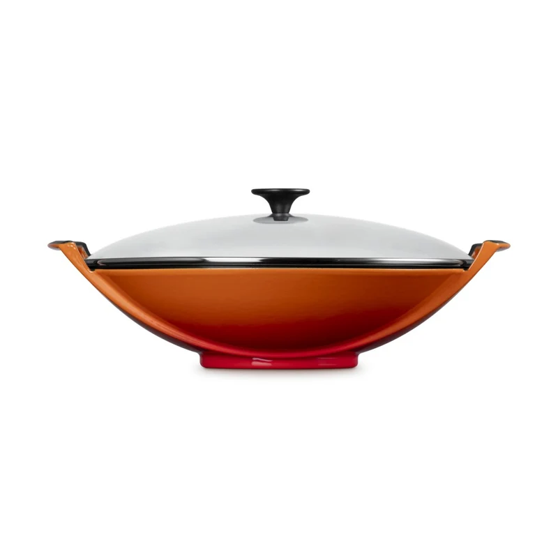 36 cm - Forme Speciali Wok In Ghisa Vetrificata Con Coperchio In Vetro