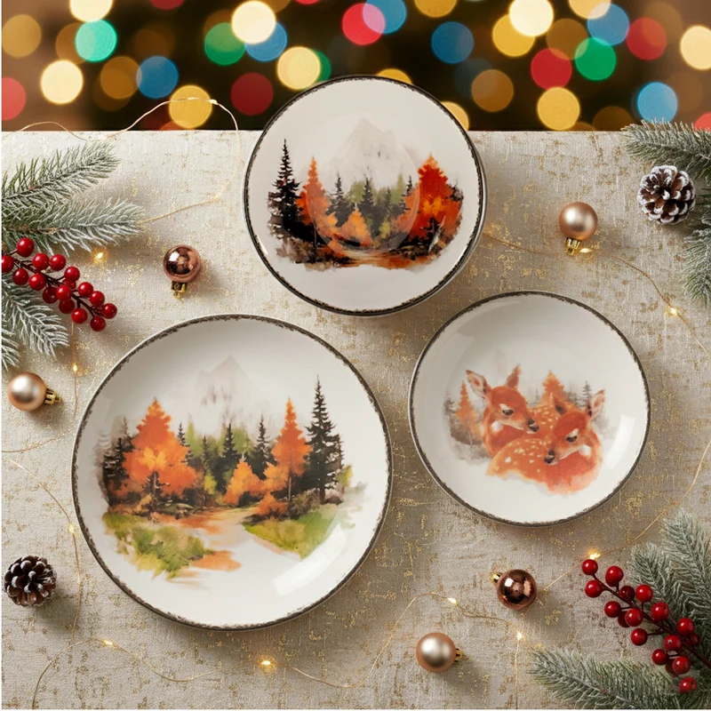 Golden Woods Servizio Piatti Decoro Natalizio In Stoneware Set 18 Pz