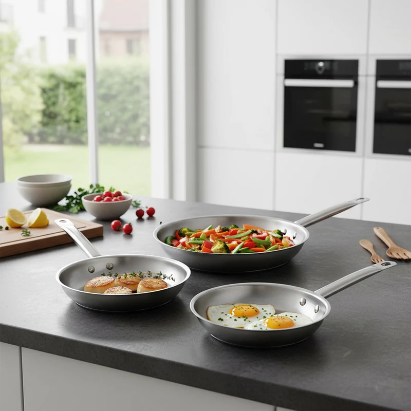 Acciaio Inox Set Padelle Basse Induzione Con Manico Tubolare Set 3 Pz