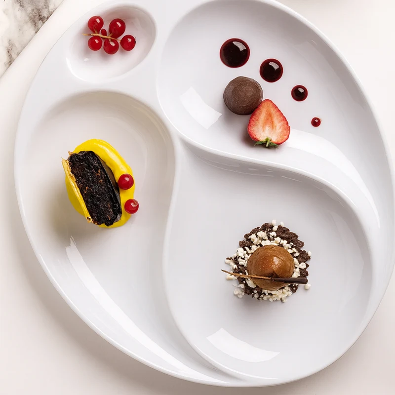 34.5 x 29 cm - Gourmet Piatto Presentazione 4 Scomparti In Porcellana Set 2 Pz