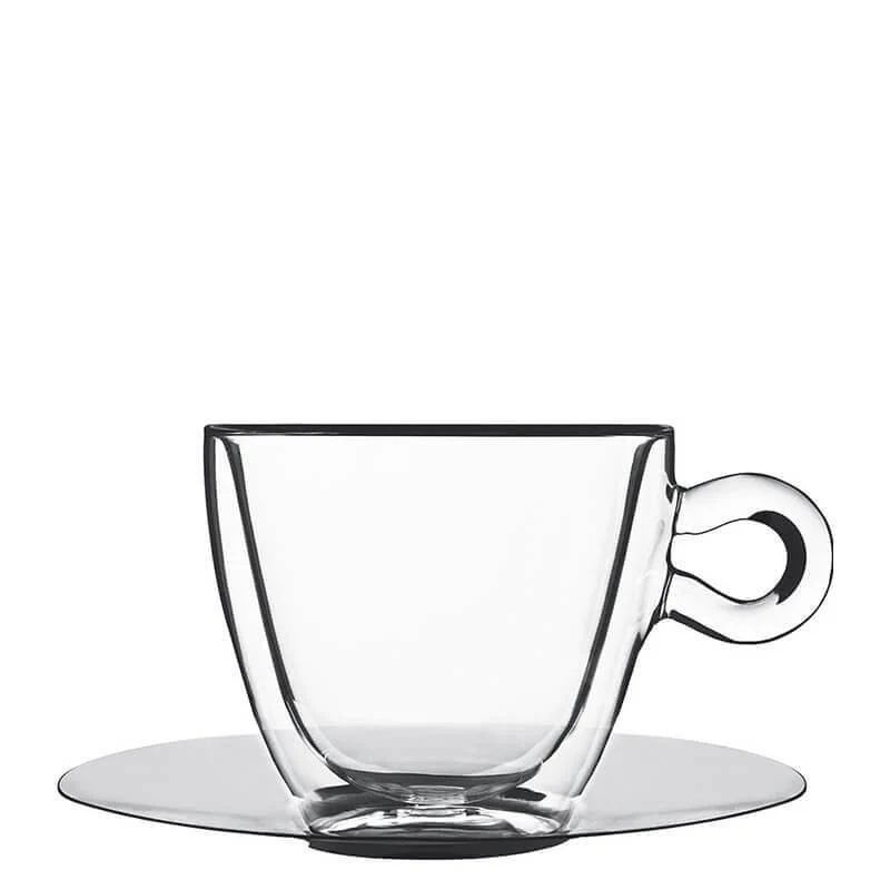 30 cl - Thermic Glass Tazza Multiuso In Vetro Termico Con Piattino In Acciaio Inonx - Set 2 Pz