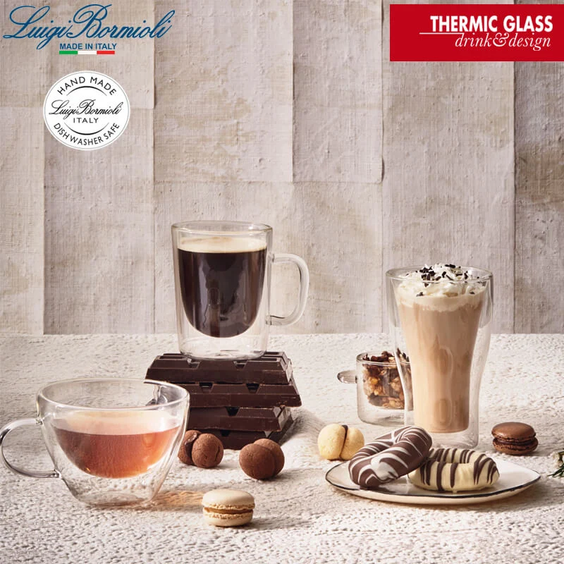 30 cl - Thermic Glass Tazza Multiuso In Vetro Termico Con Piattino In Acciaio Inonx - Set 2 Pz