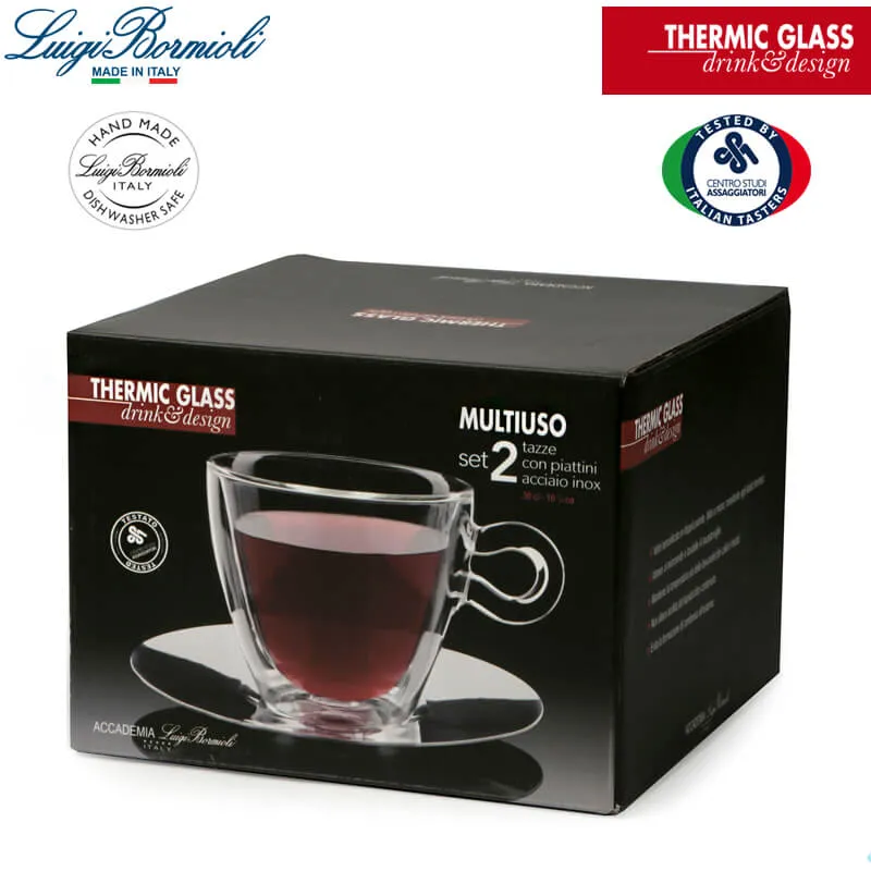 30 cl - Thermic Glass Tazza Multiuso In Vetro Termico Con Piattino In Acciaio Inonx - Set 2 Pz