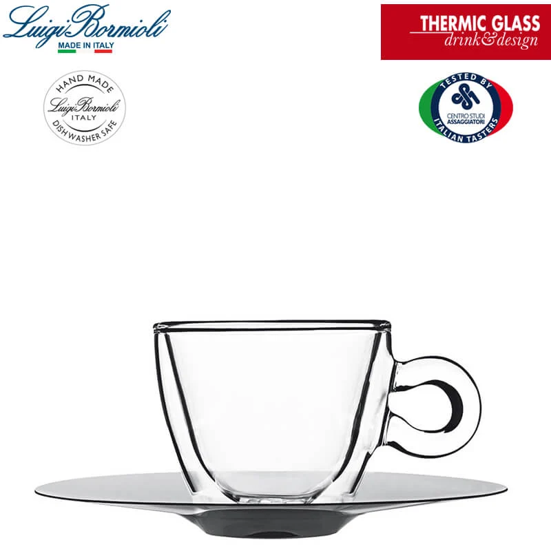 6.5 cl - Thermic Glass Tazza Caffé Espresso In Vetro Termico Con Piattino In Acciaio Inonx - Set 2 Pz