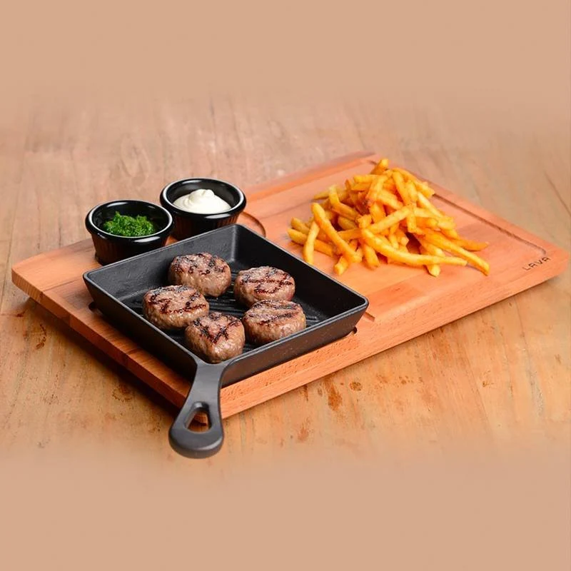 16x16 cm - Bistecchiera In Ghisa Con Supporto In Legno