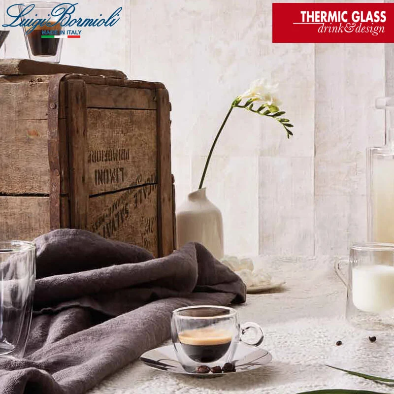 16.5 cl - Thermic Glass Tazza Cappuccino Doppia Parete Con Piattino In Acciaio - Set 2 Pz