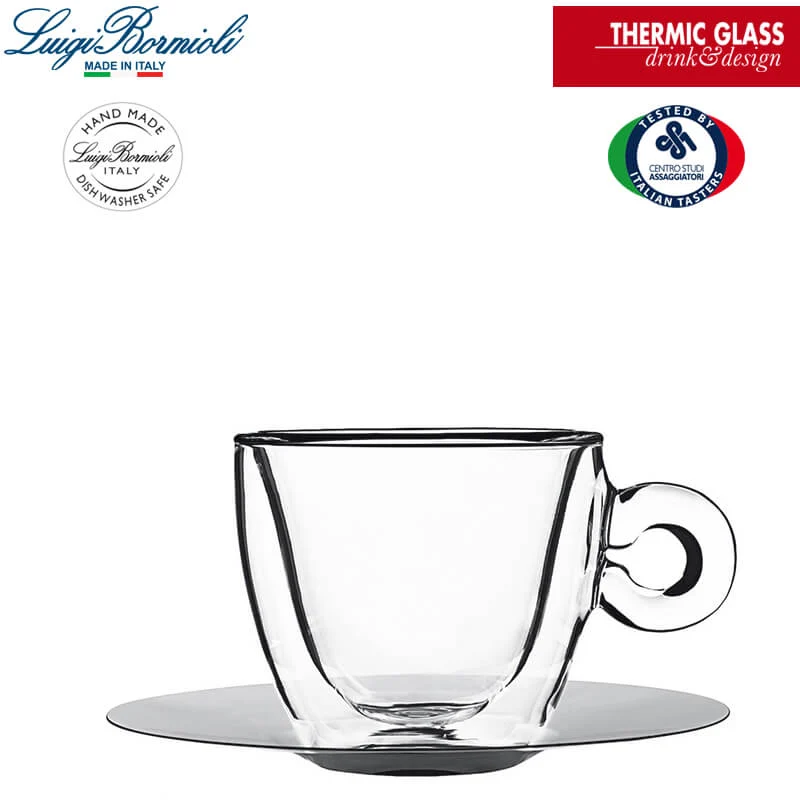 16.5 cl - Thermic Glass Tazza Cappuccino Doppia Parete Con Piattino In Acciaio - Set 2 Pz