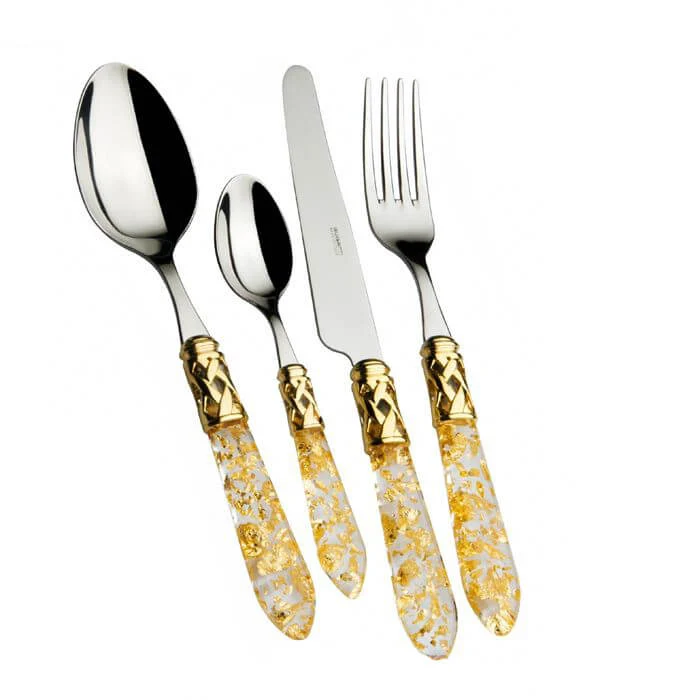 Aladdin Servizio Posate Ghiera Dorata Acciaio Inox e Acrilico - Set 24 Pz