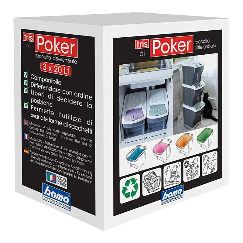 Tris Di Poker Pattumiera Raccolta DIfferenziata In Plastica - Set 3 Pz