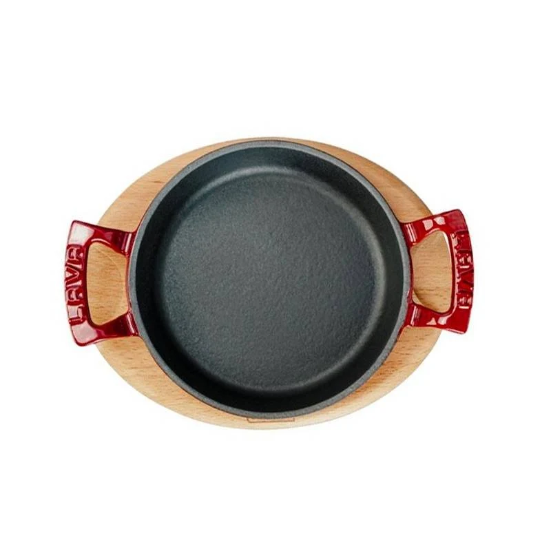 16 cm - Tegame Rotonda In Ghisa Smaltata Con Supporto In Legno