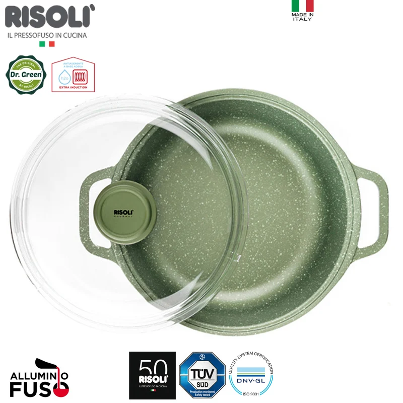 24 cm - Dr.Green Stone Extra Induction Casseruola Bassa Antiaderente In Alluminio Con Coperchio