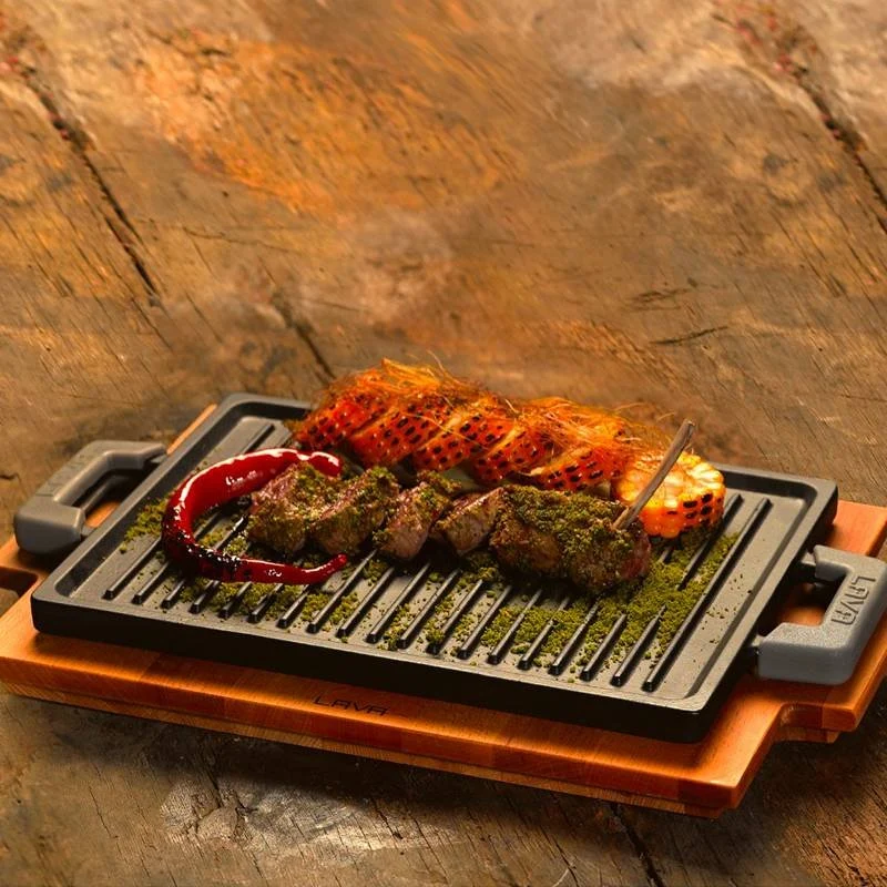 22x30 cm - Bistecchiera Grill Rettangolare In Ghisa Smaltata Con Supporto In Legno