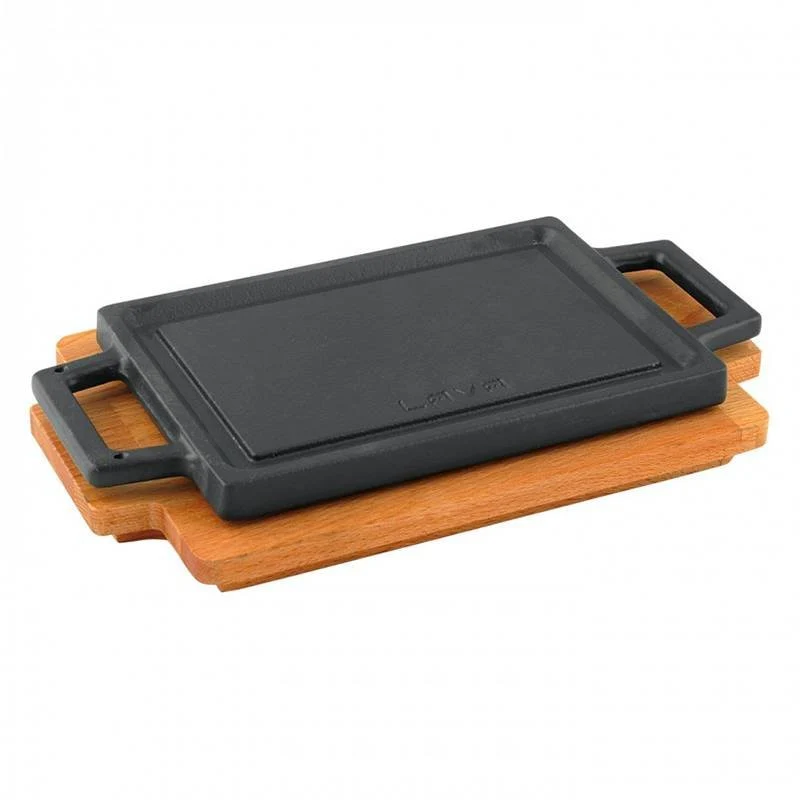 22x30 cm - Bistecchiera Grill Rettangolare In Ghisa Smaltata Con Supporto In Legno