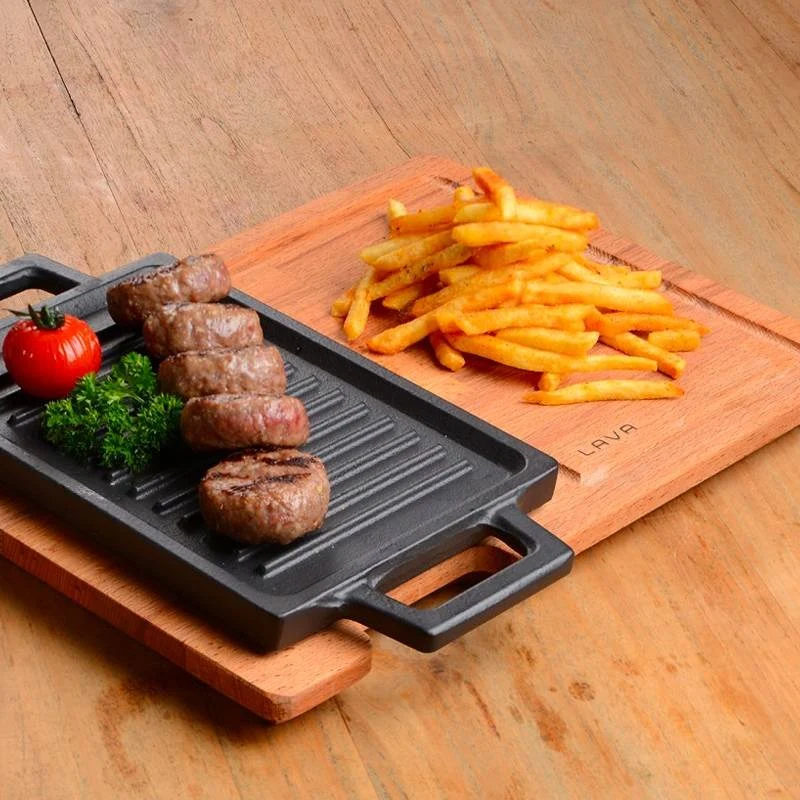 22x15 cm - Bistecchiera Grill Rettangolare In Ghisa Smaltata Con Supporto In Legno