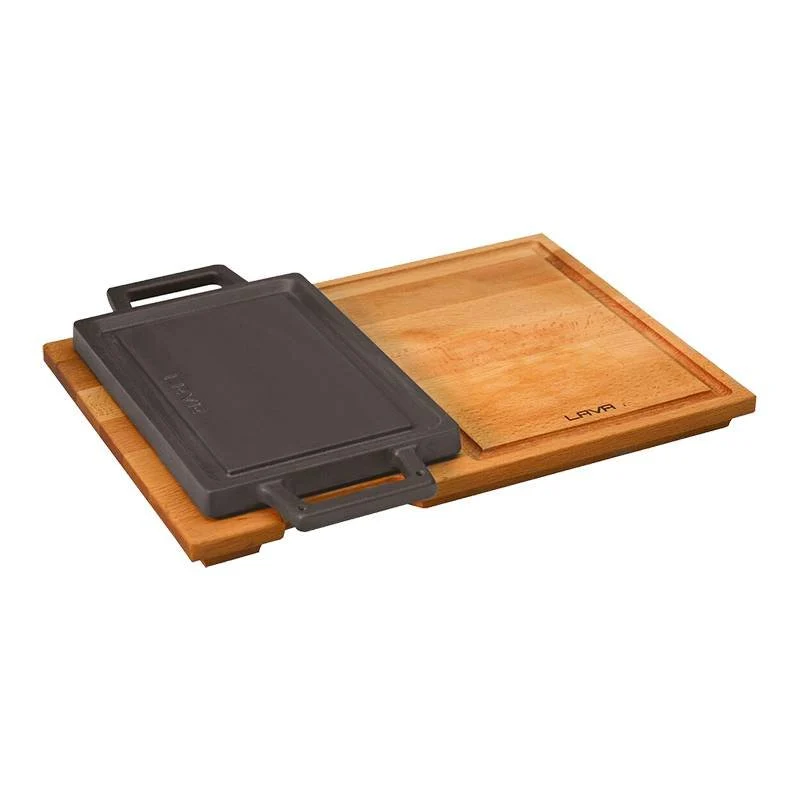 22x15 cm - Bistecchiera Grill Rettangolare In Ghisa Smaltata Con Supporto In Legno