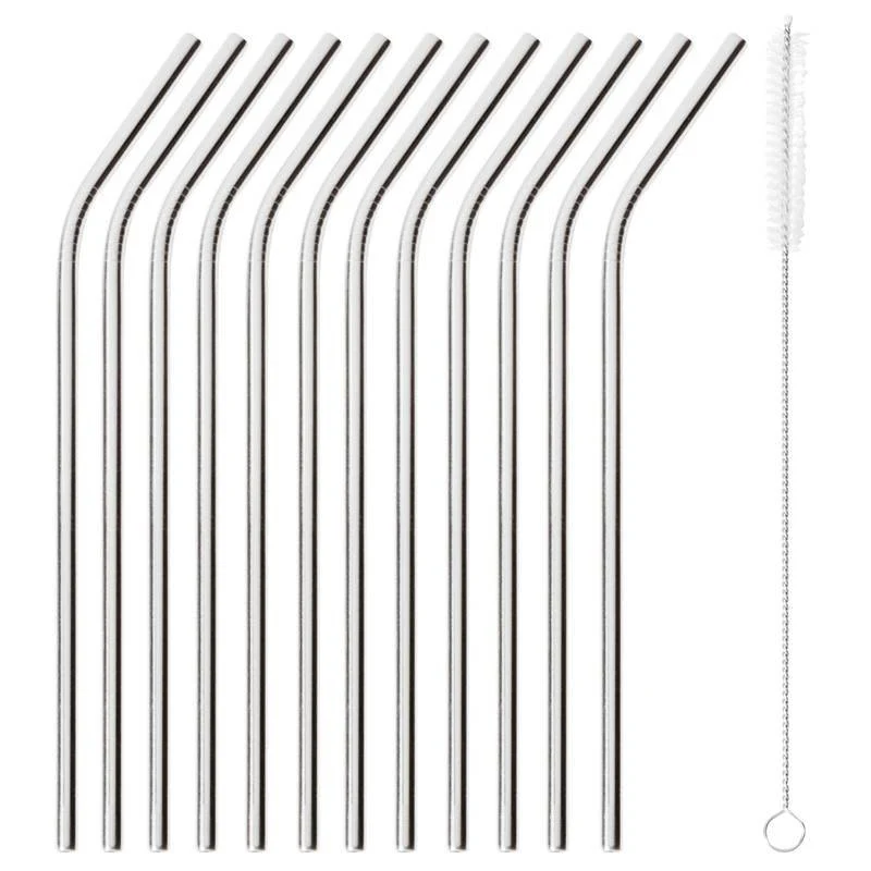 21.5 cm - Cannucce Riutilizzabili Curve In Acciaio Inox Con scovolino Set 12 Pz