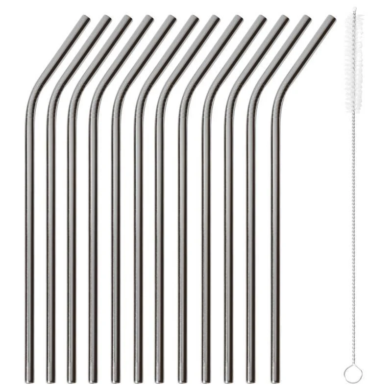 21.5 cm - Cannucce Riutilizzabili Curve In Acciaio Inox Con scovolino Set 12 Pz