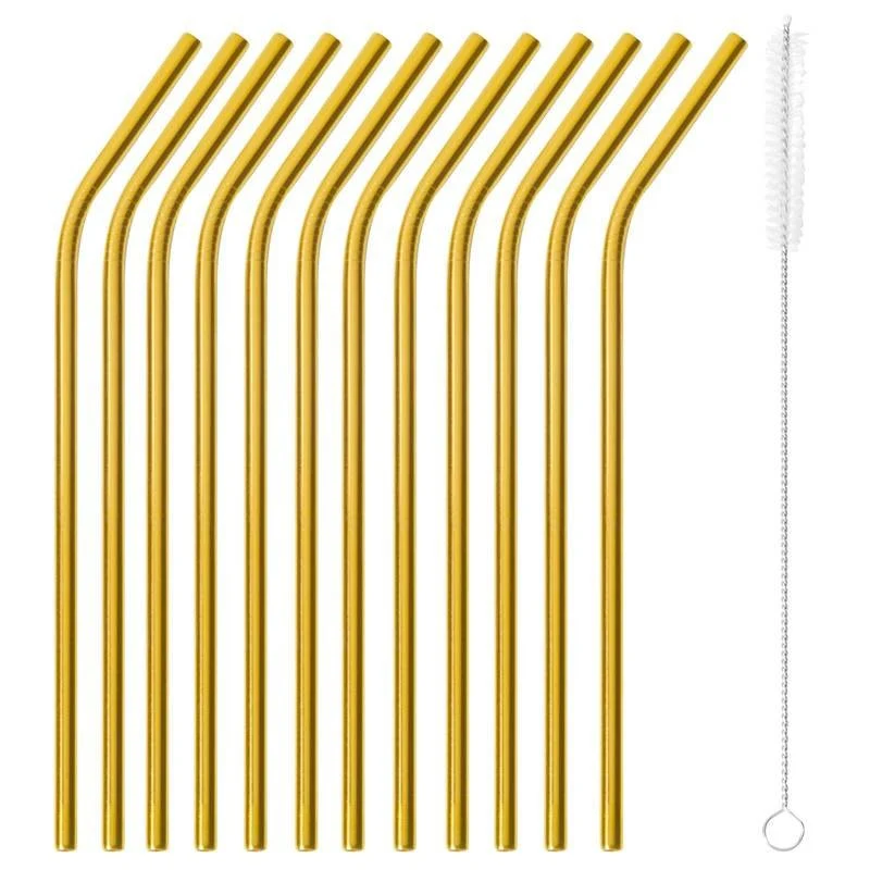 21.5 cm - Cannucce Riutilizzabili Curve In Acciaio Inox Con scovolino Set 12 Pz