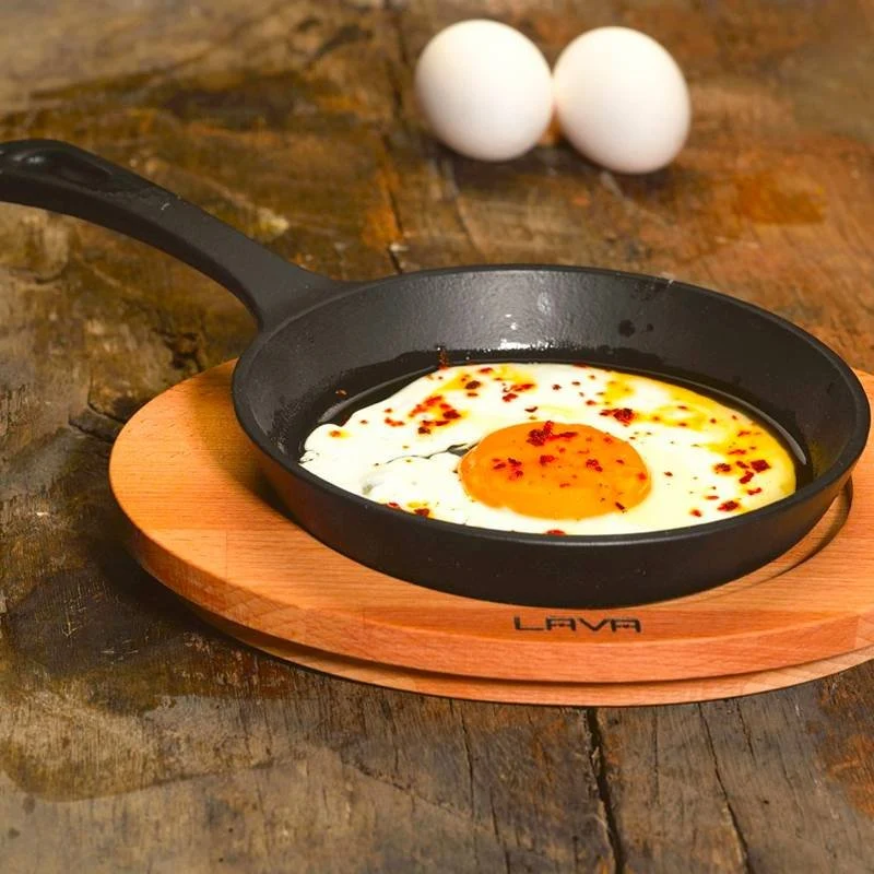 16 cm - Padella Bassa Rotonda Con Manico In Ghisa Smaltata Con Supporto In Legno