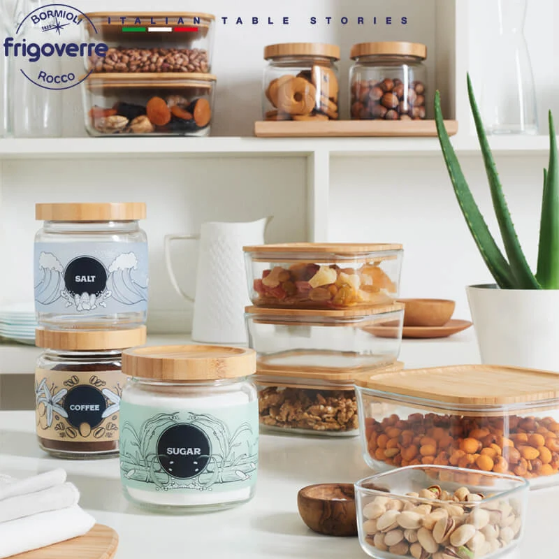 15x15cm - Frigoverre Bamboo Contenitore Per Alimenti Quadrato In Vetro Con Tappo Bambù