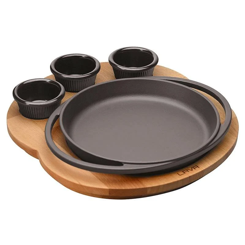 20 cm - Cast Iron Cookware Piatto In Ghisa Con Supporto In Legno