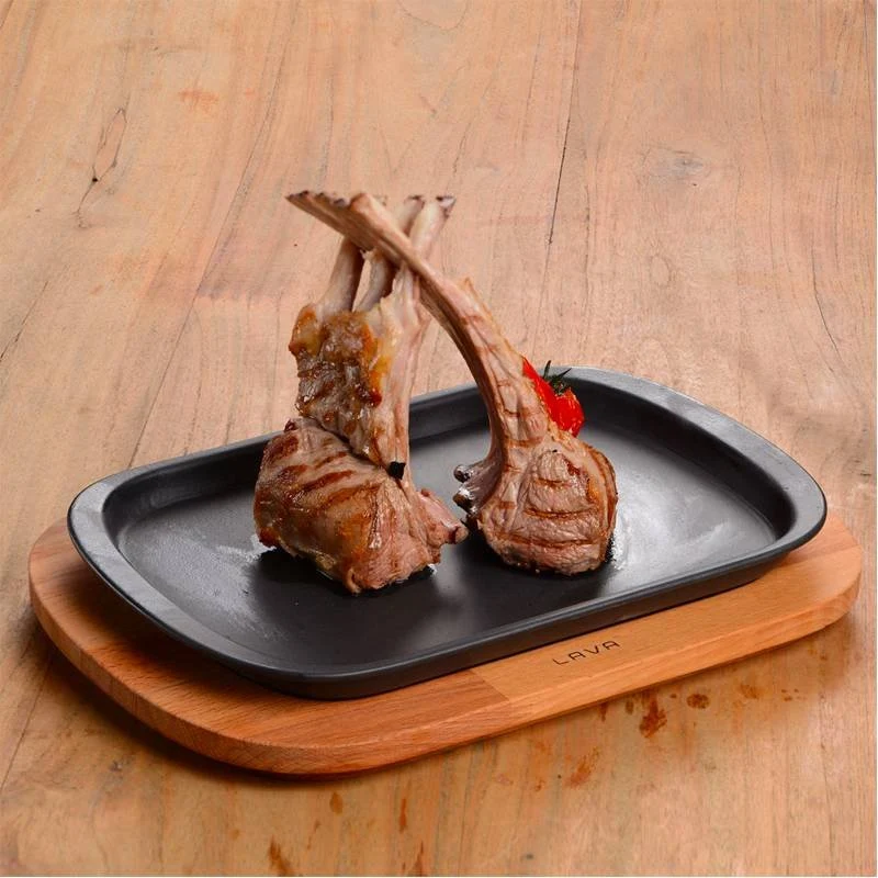 32x20 cm - Cast Iron Cookware Piatto In Ghisa Con Supporto In Legno