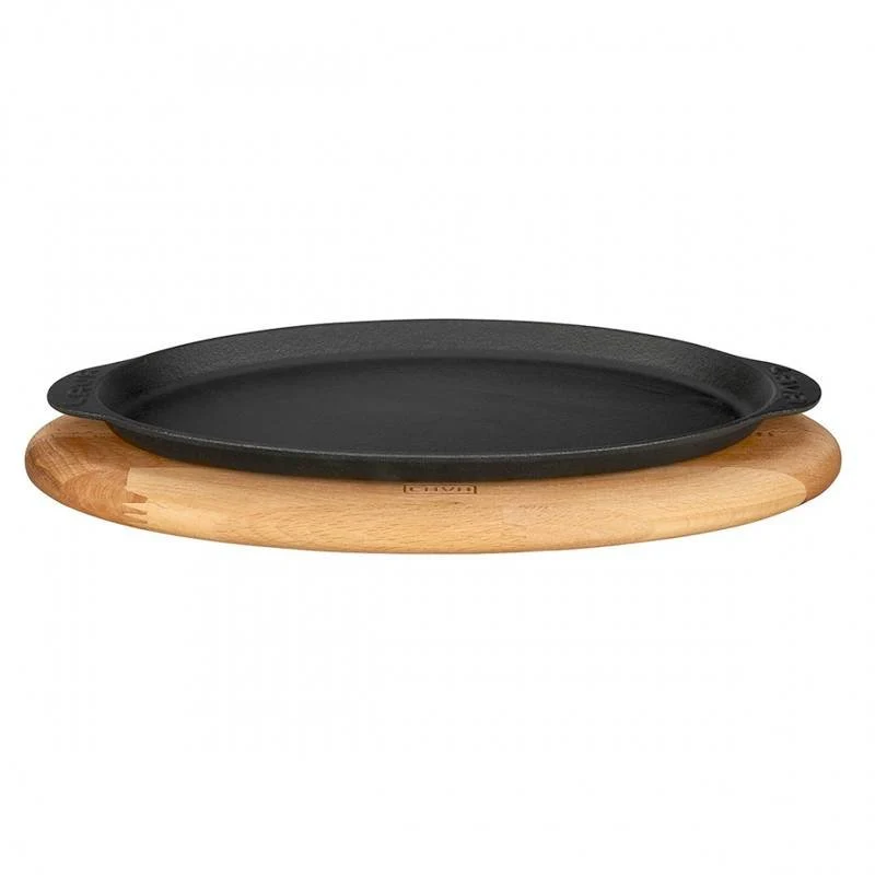 29.5x15.5 cm - Cast Iron Cookware Piatto In Ghisa Con Supporto In Legno