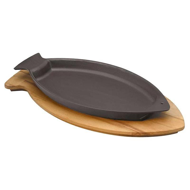 24x15 cm - Cast Iron Cookware Piatto In Ghisa Con Supporto In Legno