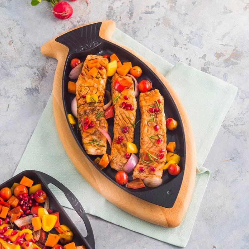 24x15 cm - Cast Iron Cookware Piatto In Ghisa Con Supporto In Legno
