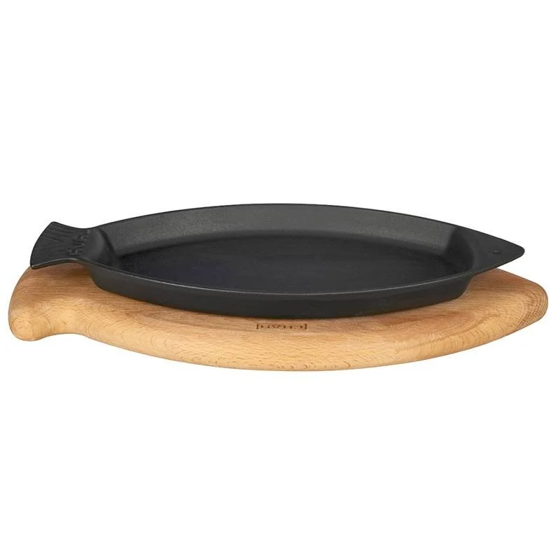 24x15 cm - Cast Iron Cookware Piatto In Ghisa Con Supporto In Legno